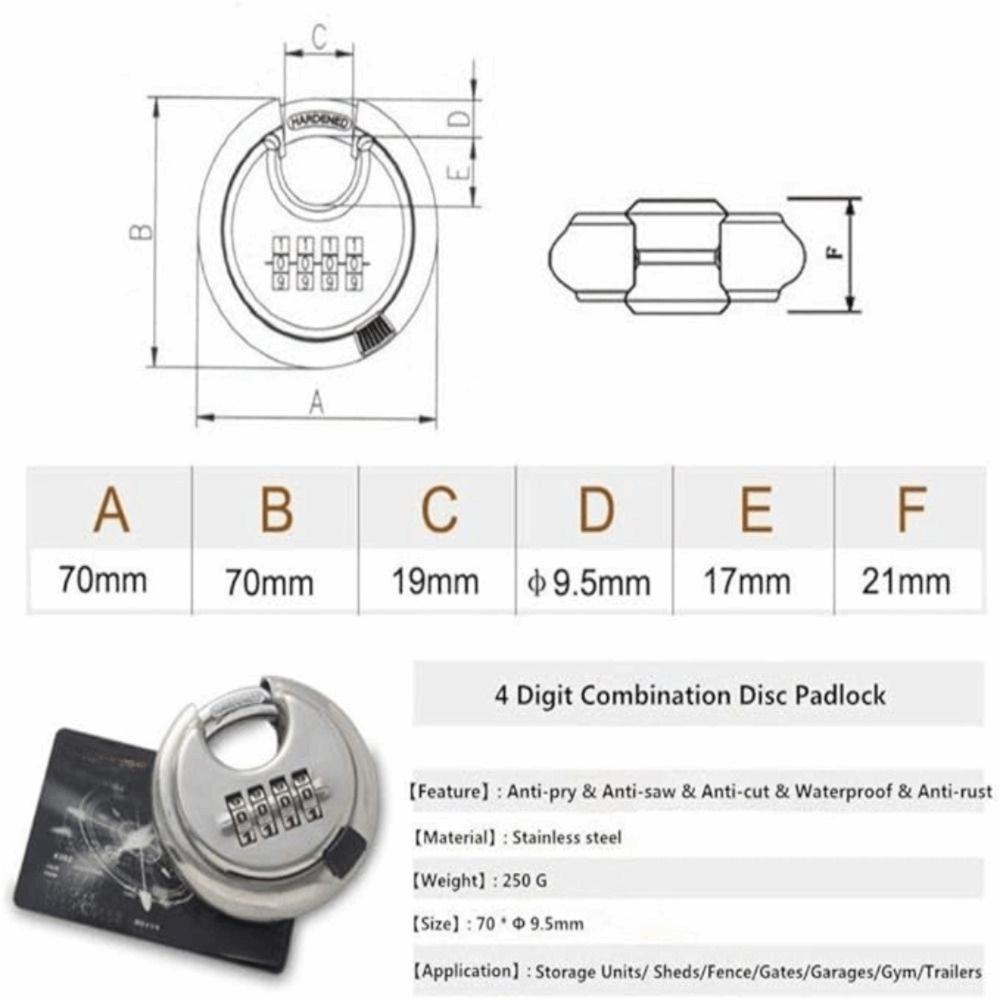 Safety Combination Lock Stainless Steel Discus Padlock 4 Digit (3inch) Round Cake Lock Outdoor