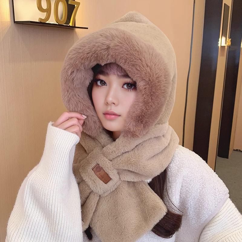 Cute Bear Hat Gloves Three In One Scarf Plush Hat for Women In Winter Riding Easy Outdoor High End Warm Hat