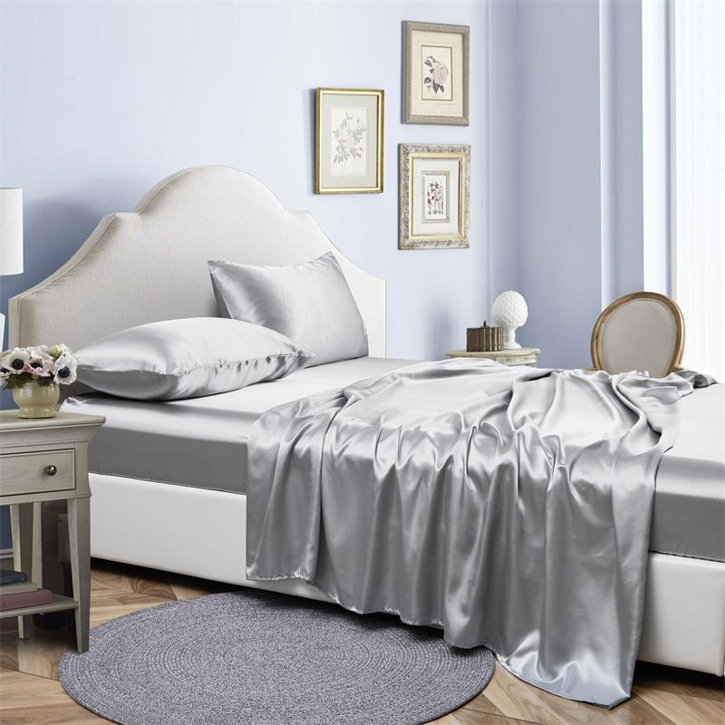 Hochwertiges Satin-Bettlaken-Set 3/4-teilig Queen Weich Seidig Spannbettlaken Flaches Bettlaken Kissenbezüge Uni Luxuriöse Bettlaken-Sets