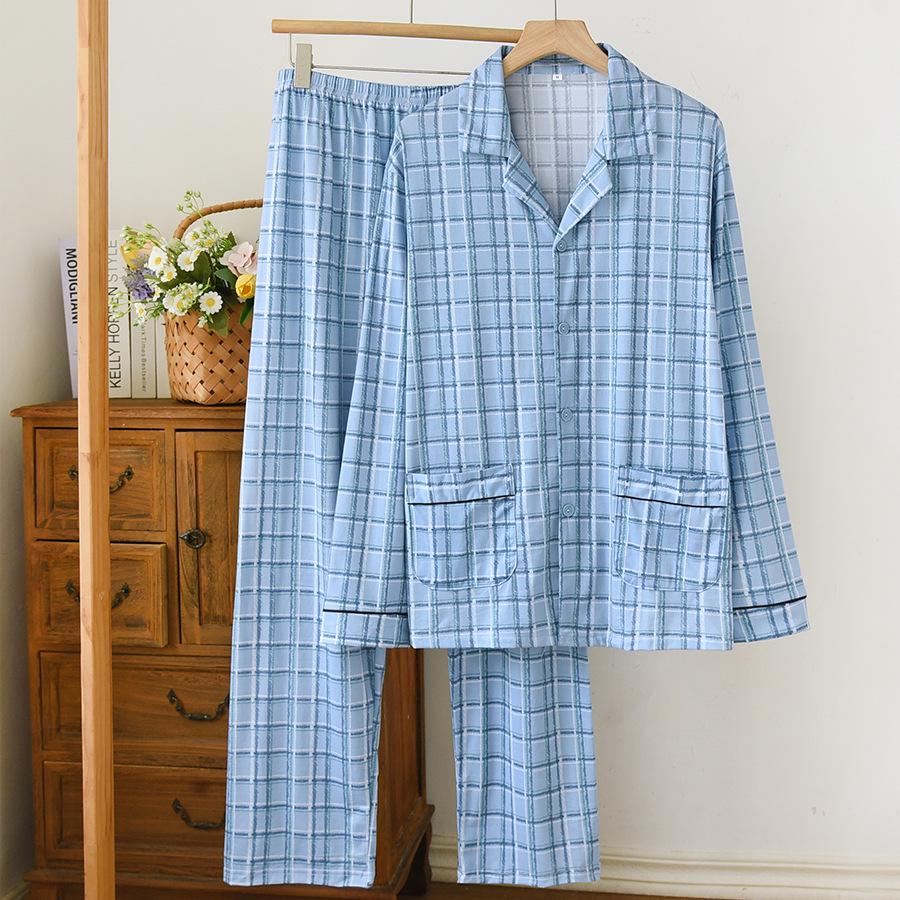 Men's Loose-Fit Pure Cotton Pajama Set: Long Sleeve Cardigan & Pants for Spring/Autumn