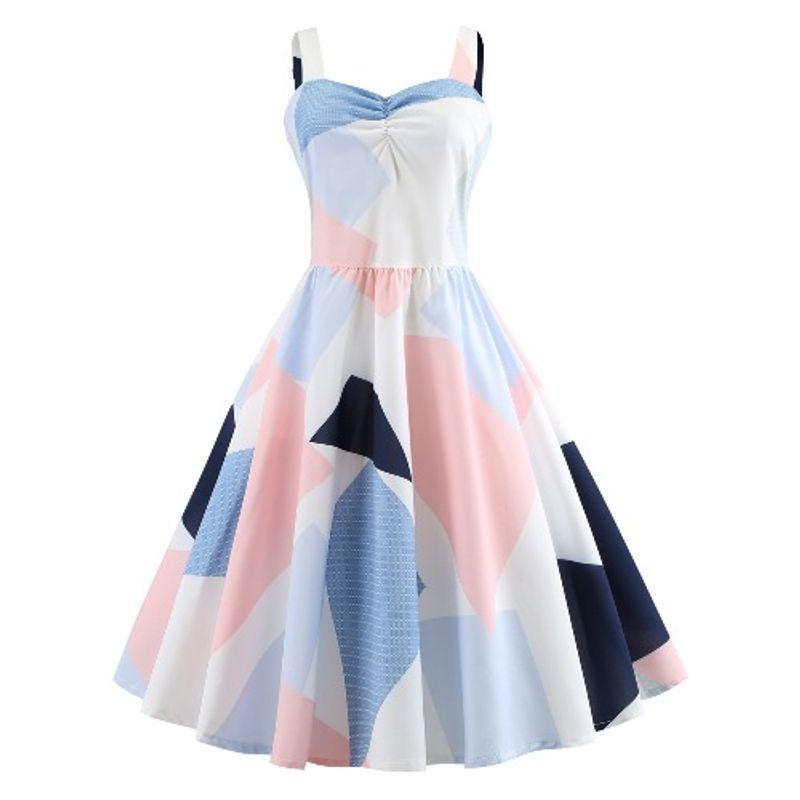 

Модное летнее новое платье с открытыми плечами, геометрическим принтом, приталенного кроя, А-силуэта, без рукавов, на бретелях, с большим подолом Flower color 2XL