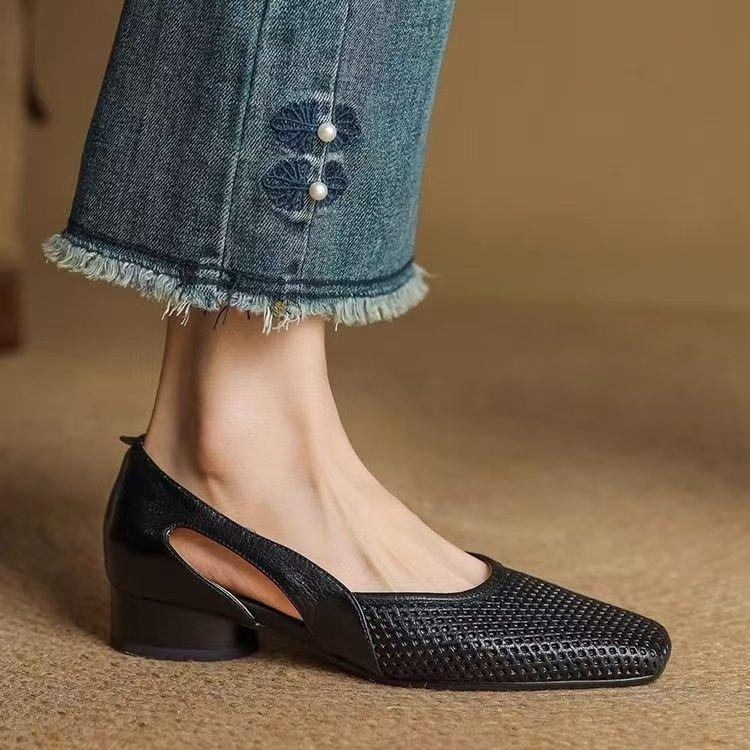 Soft leather version~ French cool single shoes women's square head hollow hole shoes retro shallow mouth hollow breathable Mary Jane shoes