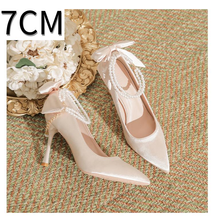 Fashion High Heels for Women Thin Heel Pointed Toe Straight Pearl Buckle with Bow Silk Fabricplus Size Women's Shoes Pumps White Heels