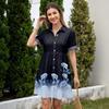 Women’s Casual Loose Fit Shirt Dress Button Front Stand Collar Short Sleeve Relaxed Tunic Dress with Geometric Print