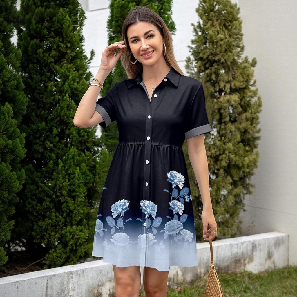 Women’s Casual Loose Fit Shirt Dress Button Front Stand Collar Short Sleeve Relaxed Tunic Dress with Geometric Print