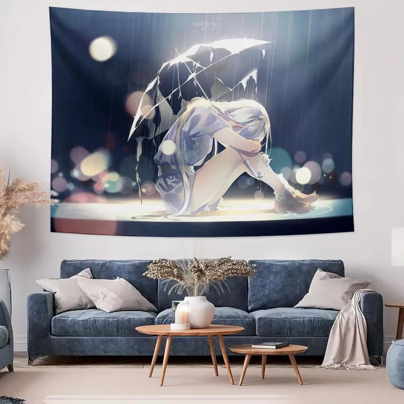 Broken Umbrella Anime Girl Tapestry, Rainy Night Bokeh Light Japanese Art, Machine Washable Wall Hanging For Living Room