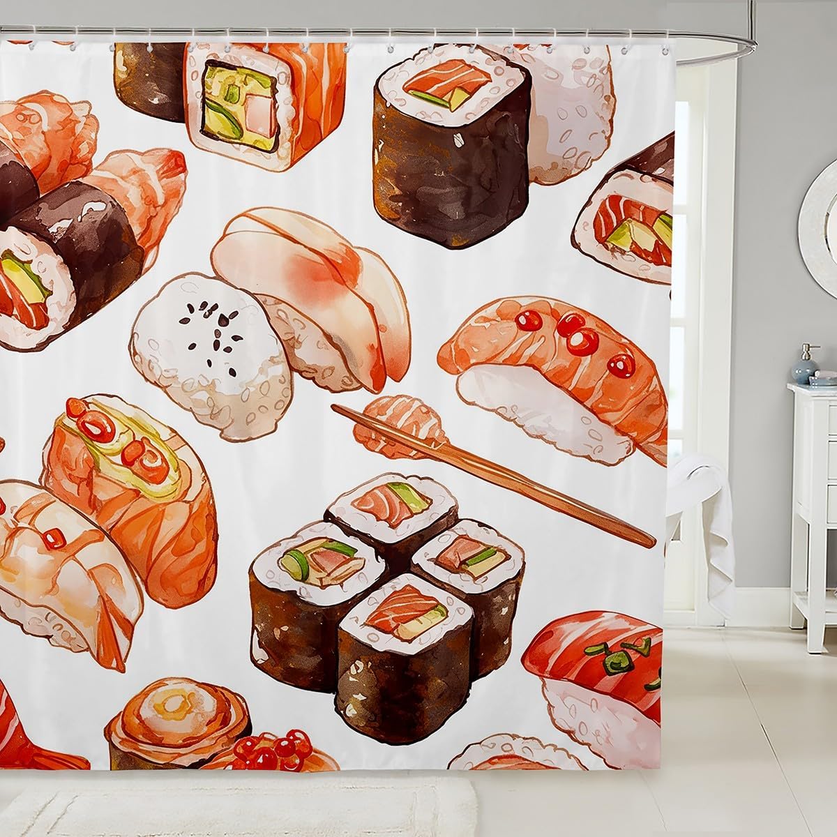 

Kids Cute Cartoon Sushi Shower Curtain Japanese Sushi Bathroom Shower Curtain Set For Boys Girls Kawaii Style Sushi Bath Curtain W60H190(CM)-1 Pcs