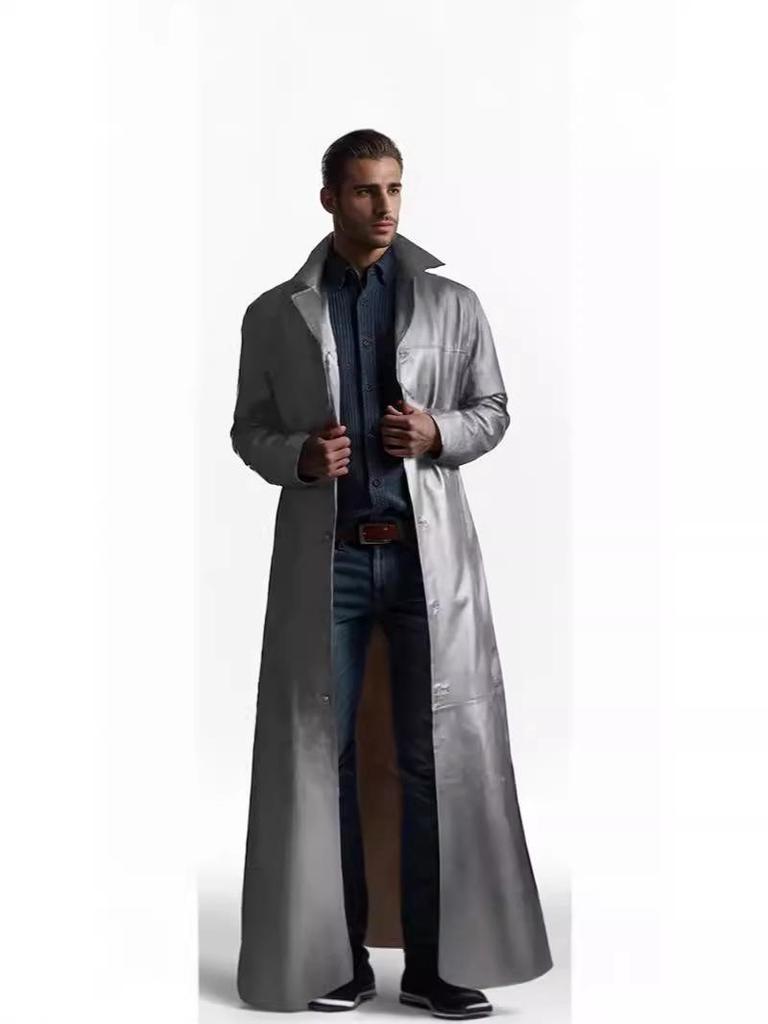 Stilvoller langer Herren-Trenchcoat aus PU-Leder Slim Fit