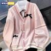 Codzienny Słodki Kardigan z Kokardką Damski Jesień Zima Japoński Klasyczny Preppy Styl Dzianinowe Płaszcze Y2K Vintage Kontrastowy Kolor Top z Dekoltem V