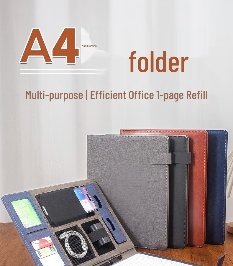 Premium A4 Faux Leather Folder with Magnetic Buckle & Document Clip for Business Meetings