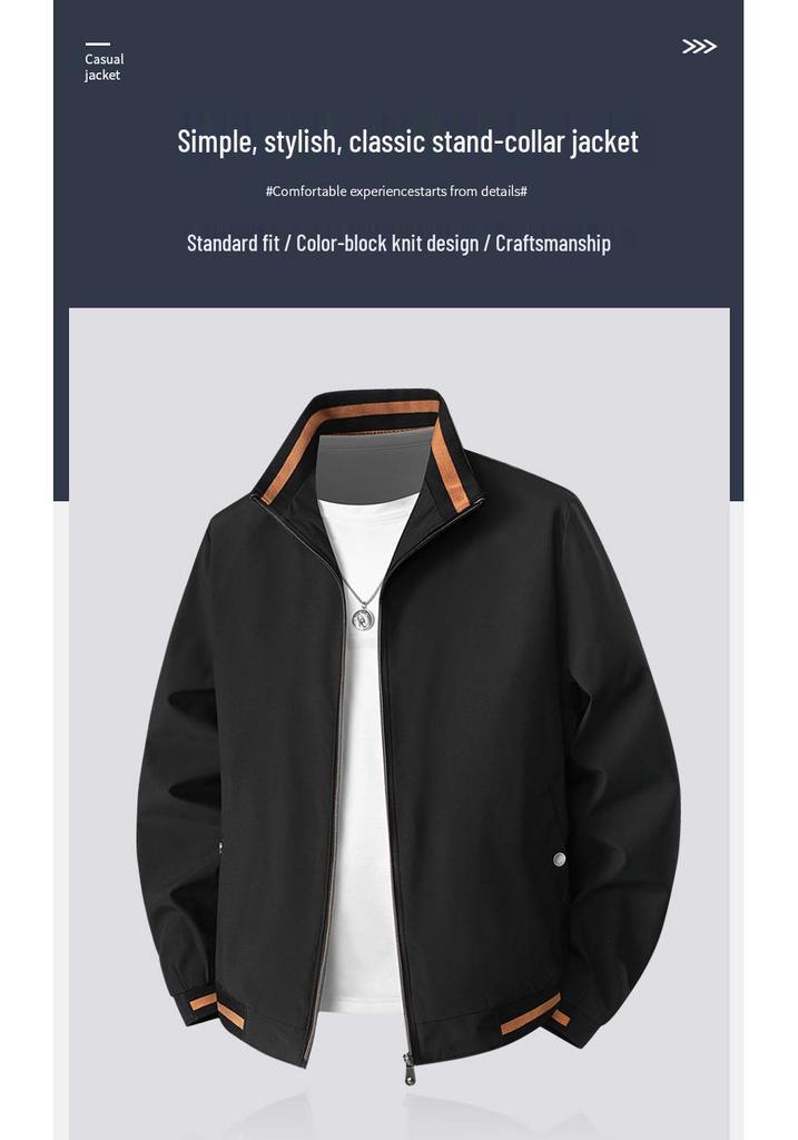 Men's Casual Stand-up Collar Jacket - Spring/Autumn, Solid Color, Trendy Dad Style, Plus Size Available