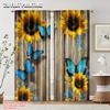 Flat Printing Scene Curtains Butterflies Sunflowers Wooden Wall Durable Polyester Fabric Without Electricity Set Of 2 Made