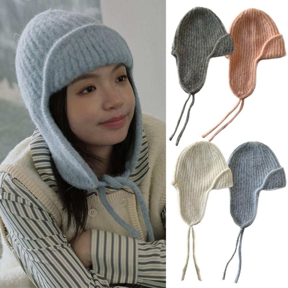 

Warm Winter Knitted Cap Soft Wool Blend Hat Windproof Pilot Hat Unisex сірий