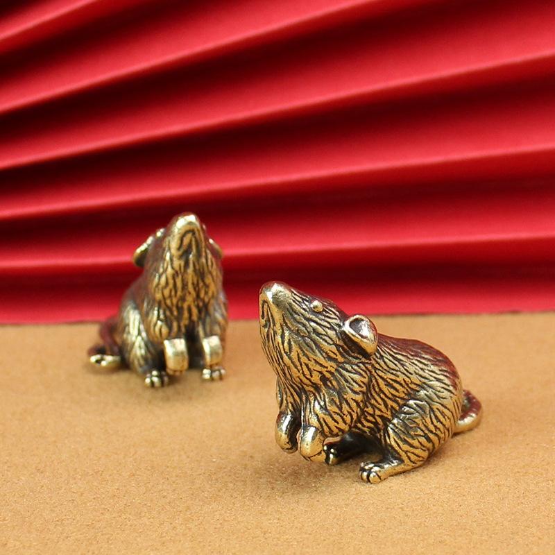Cute Brass Animal Mice Figurines Home Desk Pendants Tea Pet DIY Keyring Hanging Accessories Cute Rat Keychain Gifts