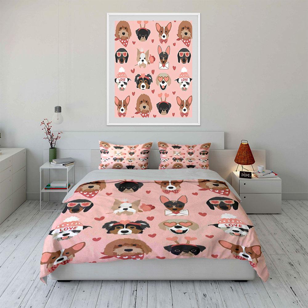 Cute Dogs with Hearts Pattern Bedding Duvet Cover Set Duvet Cover Pillowcases (1*Duvet Cover 2*Pillowcases, Without Duvet Insert)
