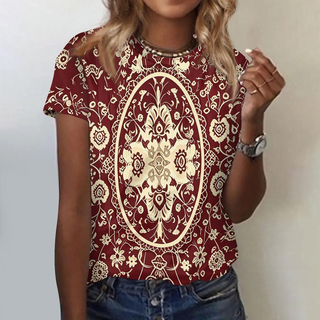 Women's Casual Loose Fit Short Sleeve Top Floral Geometric Print Lightweight Summer Tee Shirt for Everyday Wear