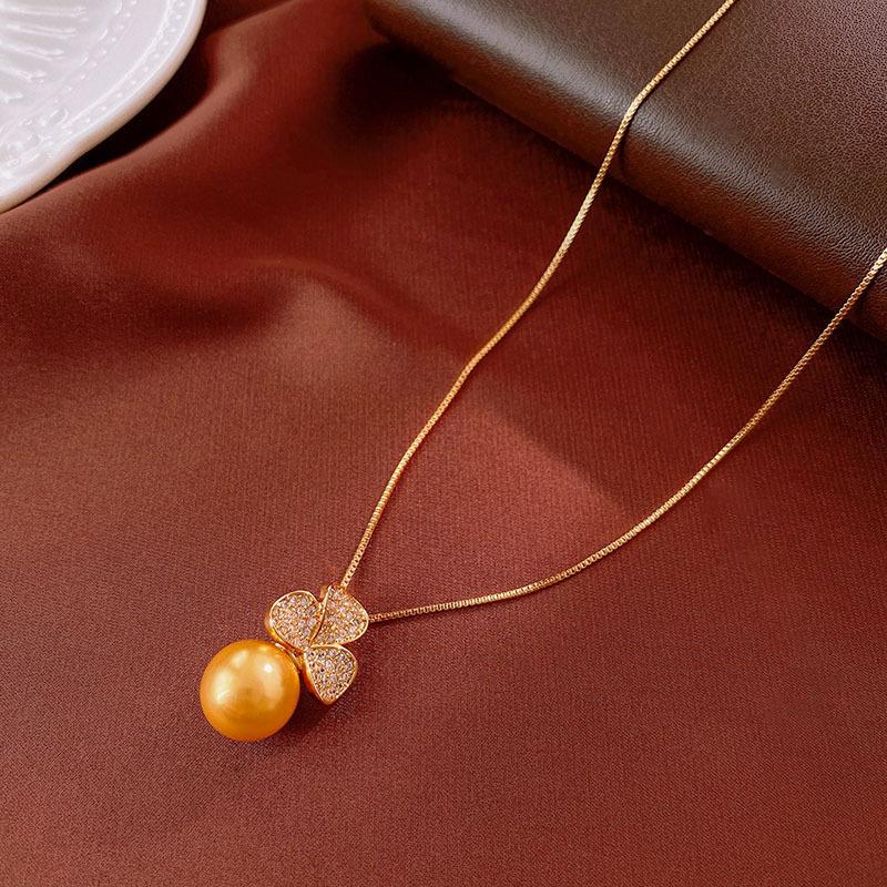 18k real gold electroplated retro zircon flower pearl necklace women s sweater chain light luxury necklace