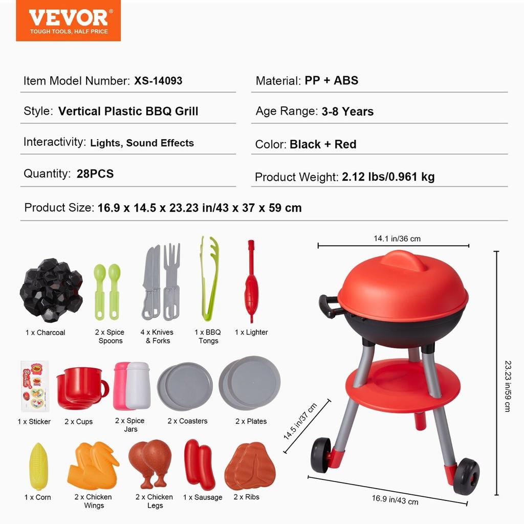 28 PCS Kids BBQ Grill Playset Cooking Grill Toy Set Pretend Sound Light