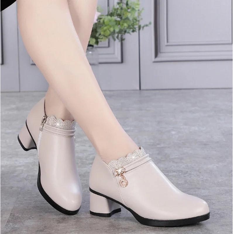 Fashion 2025 Solid Spring Autumn Women Fashion Pumps Thick High Heels Soft Comfortable Mam Zip Shallow Women Shoes Zapatillas De Mujer
