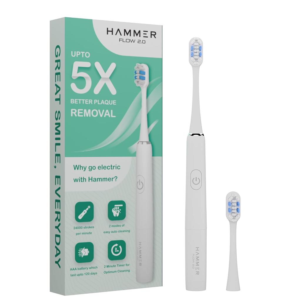 HAMMER Flow 2.0 Electric Toothbrush And 2 Replaceable Adult Brush Heads For Men & Women, 2 Brushing Modes, AAA Battery, Super-Soft Bristles(White)
