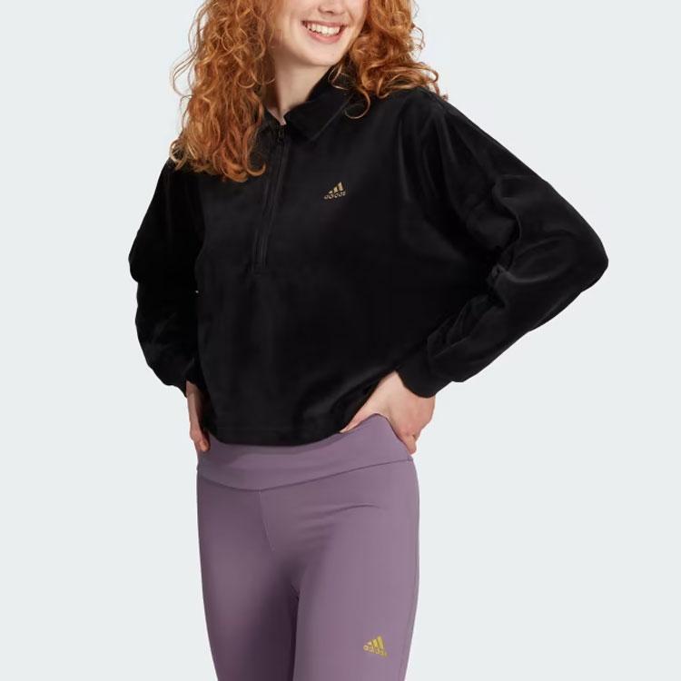 Adidas Crop Velour Quarter-Zip Sweatshirt Solid Logo Long Sleeve Jacket Women Sweatshirt Black IM2582