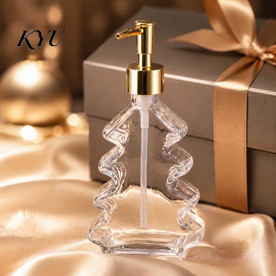 Christmas Table Centerpiece 300ml Tree Soap Dispenser, Glass Hand Dish Dispenser with Pump, Sturdy Xmas Decorative Empty Bottle for Soap, Kitchen,