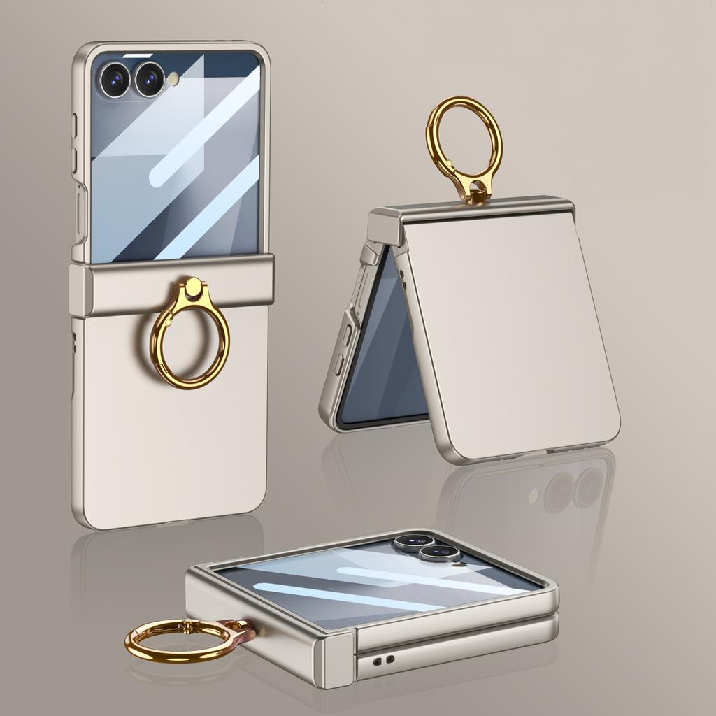 For Z Flip7 Phone Case Screen Protector 2in1 Ring Holder Cover For Samsung Galaxy Z Flip 7 Zflip7 Luxury Pivot Hinge Slim Shell