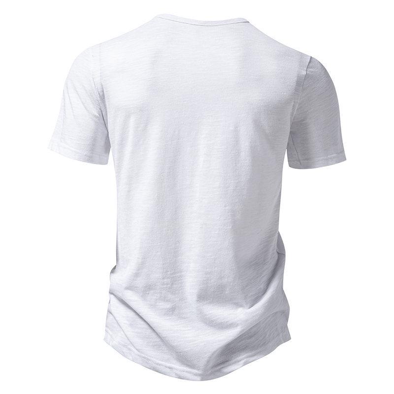 Men's Bamboo Cotton Buttoned V-Neck Short-Sleeve T-Shirt, European Size, Solid Color, Breathable, Simple Design