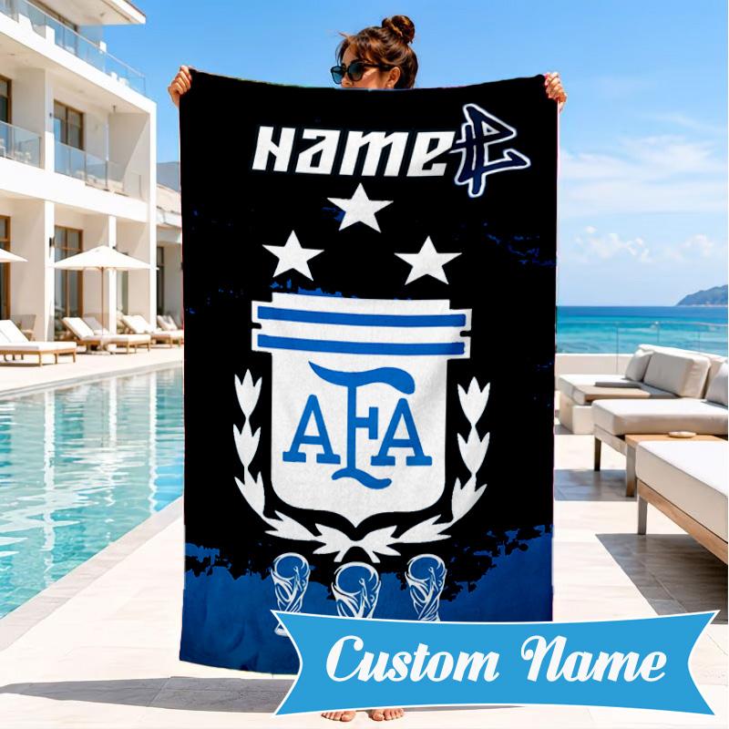 Custom Name Beach Towel Argen-tina Football Crest Microfiber Beach Towel, Lightweight for Summer Travel, Swimming Pool Fan Birthday Gift