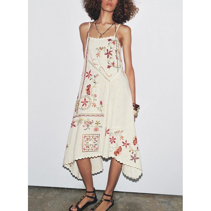 Summer New Product Women's Clothes Cotton Blended Straight Collar Contrast Color Flower Embroider Decoration Asymmetric Dress 5107079