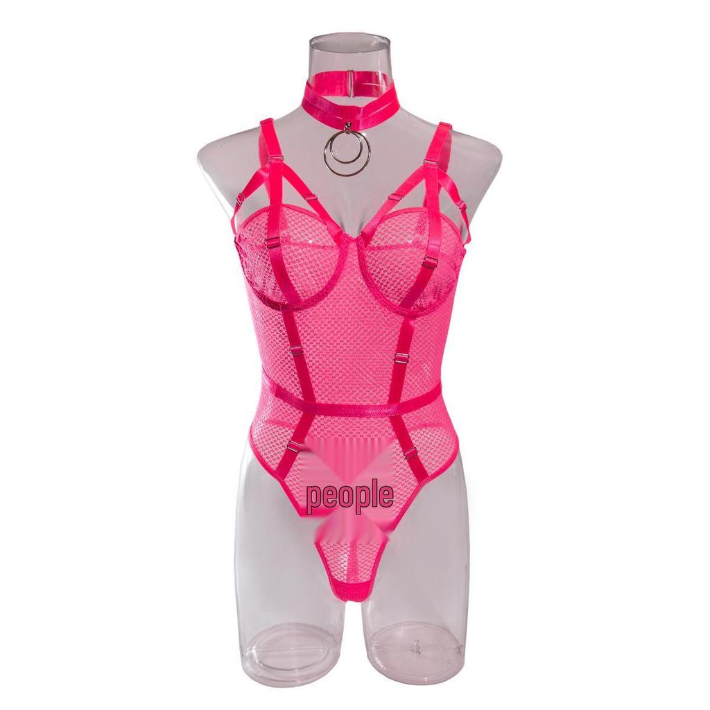 Sexy durchsichtiger Camisole-Body mit Mesh-Einsätzen, Bügel und Choker