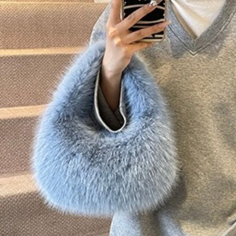 Elegant Faux Furry Texture Purse Half Moon Shape Tote Bag Trend Plush Clutch Handbags Winter