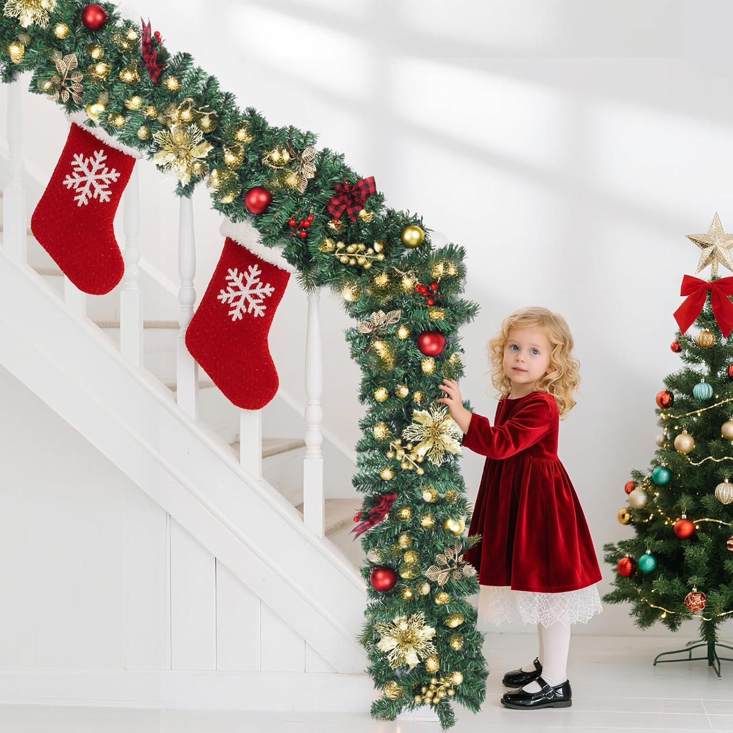 9FT Pre-Lit Christmas Garland with Lights, Bows, Berries, Balls, Flowers, Leaves – Battery Powered Indoor/Outdoor Holiday Decor