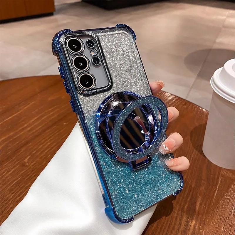 Glitter Shockproof Silicone Case For Samsung S25 S24 FE S23 A06 A16 A55 A56 Mirror Holder Stand Soft Case For Galaxy A36 Cover