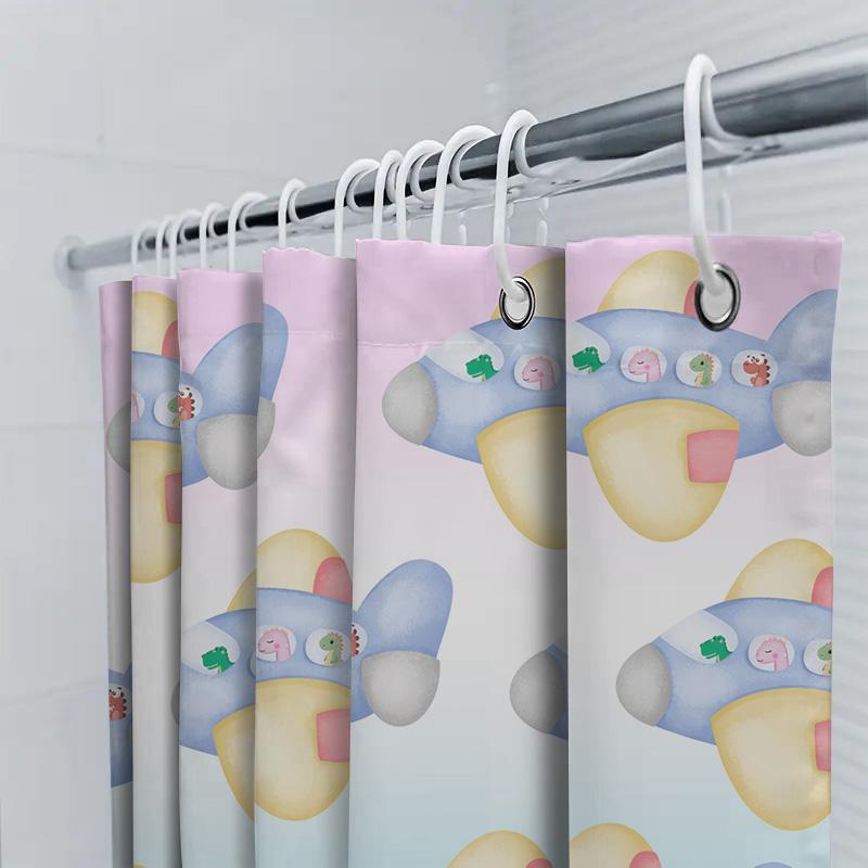 Waterproof Bathroom Shower Curtain Featuring A Whimsical Airplane Design With Cute Cartoon Animals For Children'S Bathroom Decor