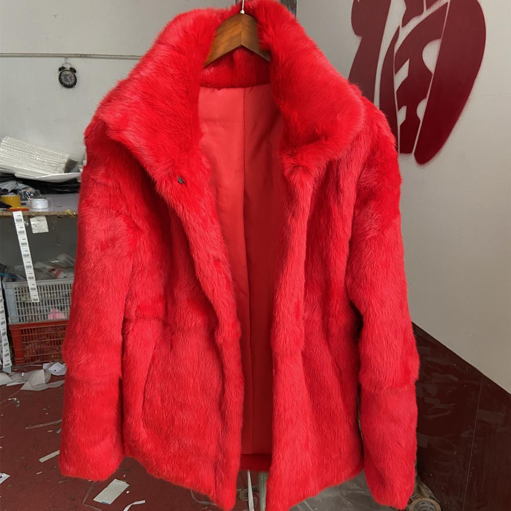 Real Rabbit Fur Coat Long Woman Winter Fashion Stand Collar Plus Size Luxury Warm Outwear Waisted Real Fur