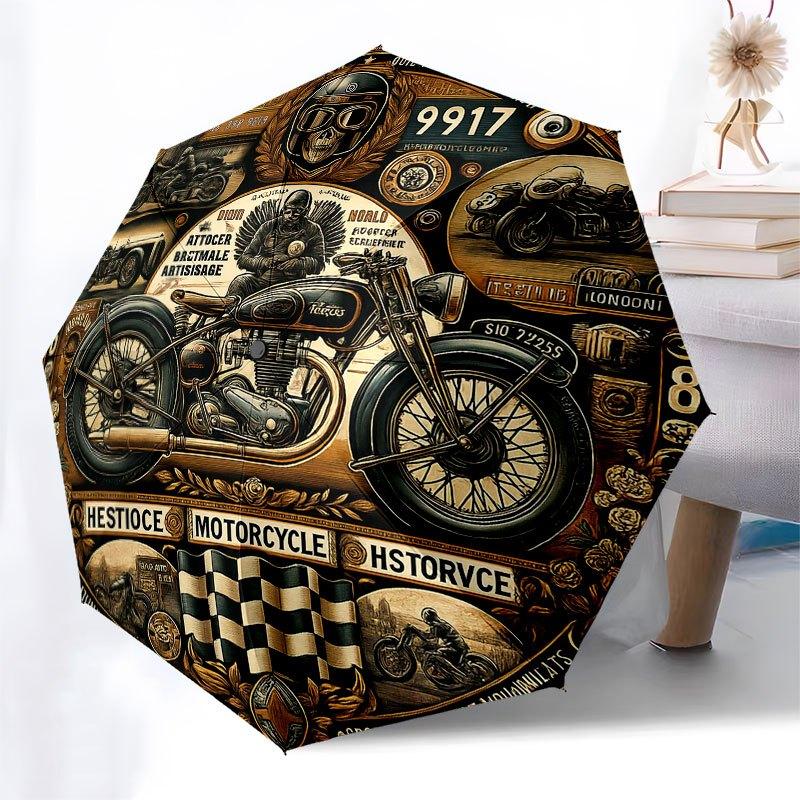 Vintage Motorrad Kunstdruck: Klassischer Biker Dekor Regenschirm, Niedlicher Regenschirm mit Niedlichem Design, Tragbarer 3-fach Kompakter Regenschirm für Herren & Damen, Valentin