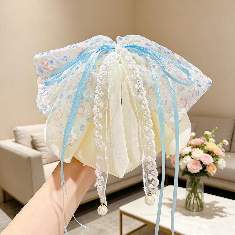 Handmade Chiffon Floral Bow Ponytail Clip for Voluminous Hair