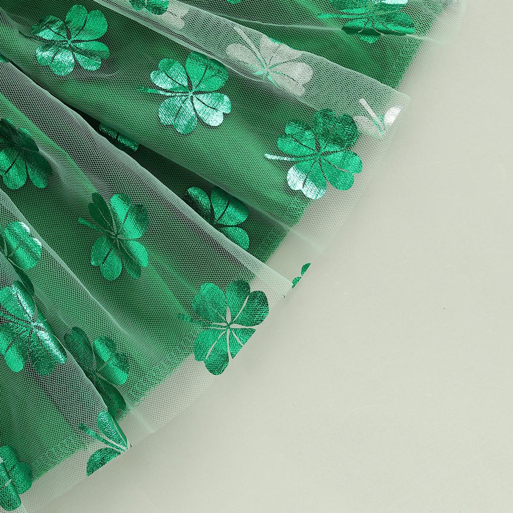 Kinder Gir Irischer Tag Outfit Buchstabenstickerei Langarm Sweatshirt und Klee Mesh Tüllrock Stirnband Set