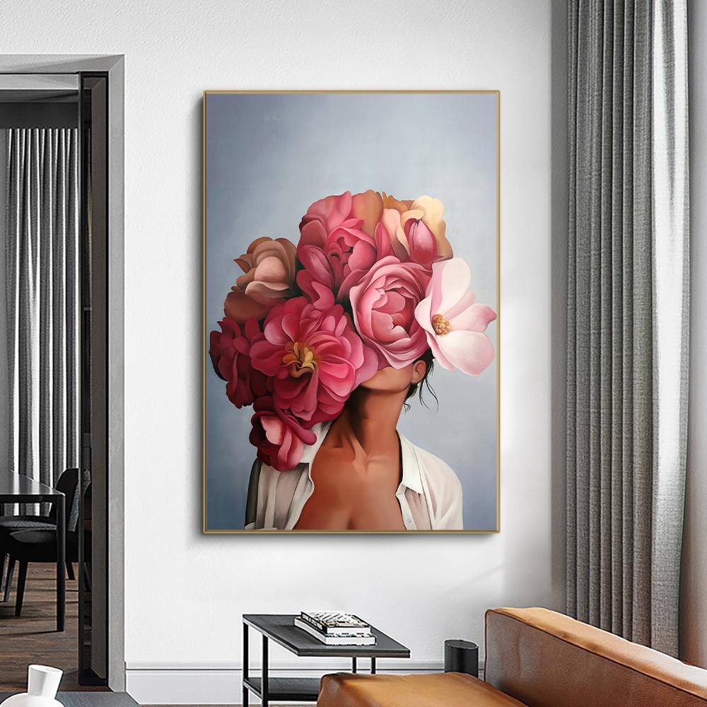 Nordic Home Decorative Poster Women with Rose Flowers Head Wall Art Canvas Painting Modern Interior Living Room Decor No Frame