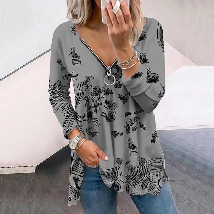 

Женские осенние цветочные серые футболки с длинным рукавом с принтом с принтом, свободные футболки с V-образным вырезом больших размеров, удобные блузки