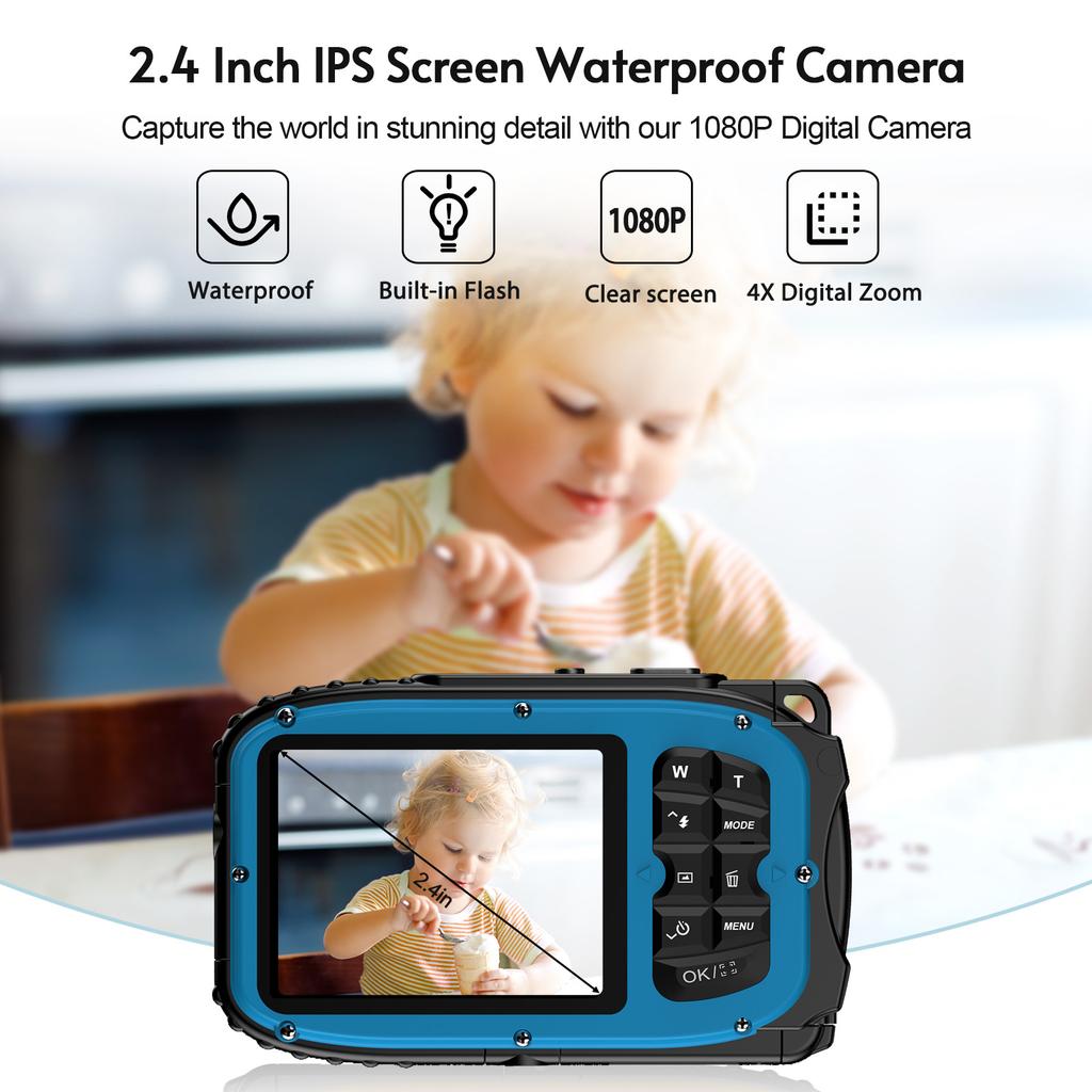 1080P Water Resistant Digital Camera 48MP Digital Video Camera 2.4 Inch IPS Screen Auto Focus 16X Digital Zoom Camera