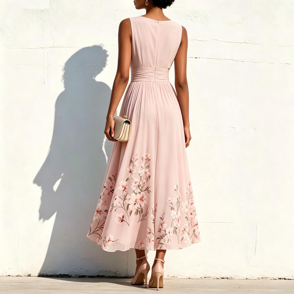 Sleeveless V Neck Pleated Waist Floral Print Long Dress for Women Elegant Maxi Dress with Flowing Skirt Suitable for Various Occasions