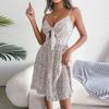 V-Neck Bowknot Decor Hollow Out Loose Hem Summer Dress Women Floral Leaves Print Sling Dress Streetwear