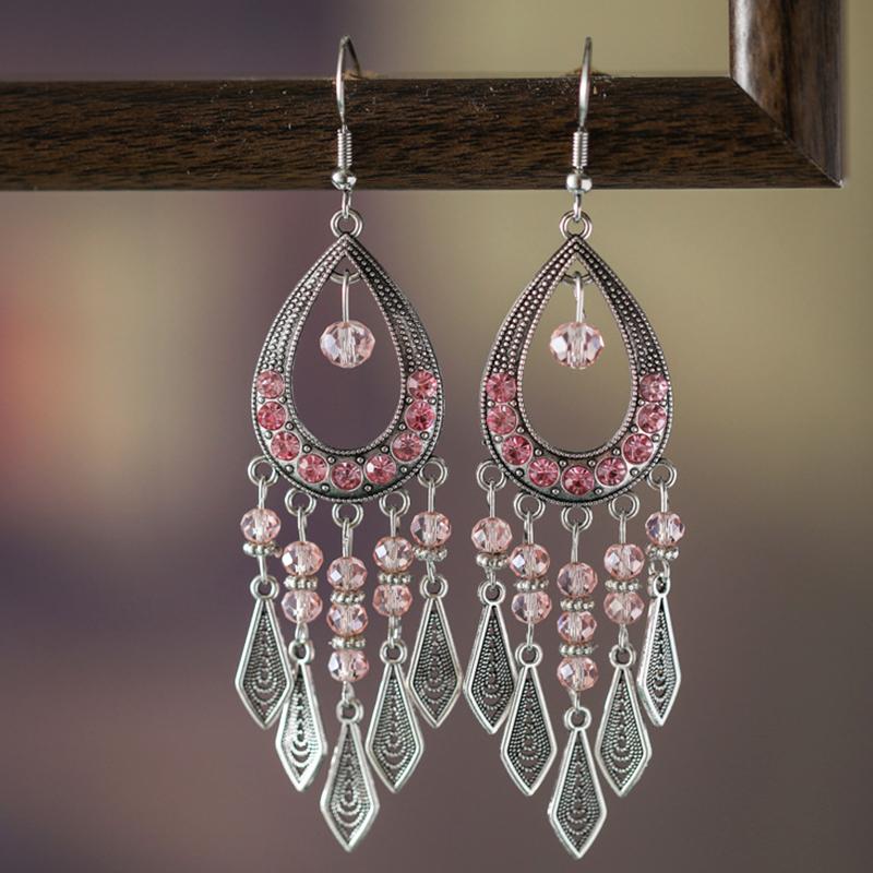 Ethnic Colorful Rhinestone Crystal Tassel Earrings For Women Vintage Niche Water Drop Shaped Earrings Vacation Daily Jewelry
