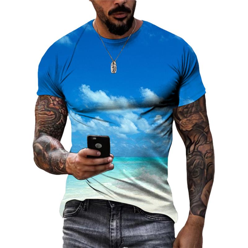 Sommersollys Havbølge Sand Casual Stil grafiske t-skjorter Mote Nye Menn Fritid Trykket Rund Hals Kortermet T-skjorter Topper
