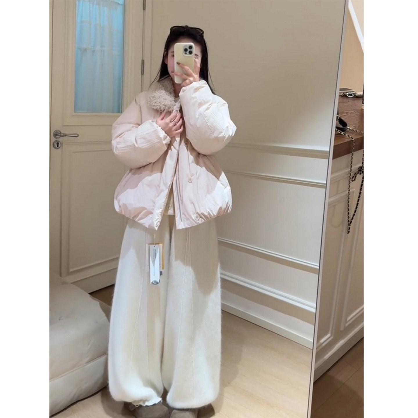 

Women s Winter Fashion: Thick Lapel Cotton Jacket & High-Waisted Wide-Leg Pants Two-Piece Set L (Advised 105-115 Jin)