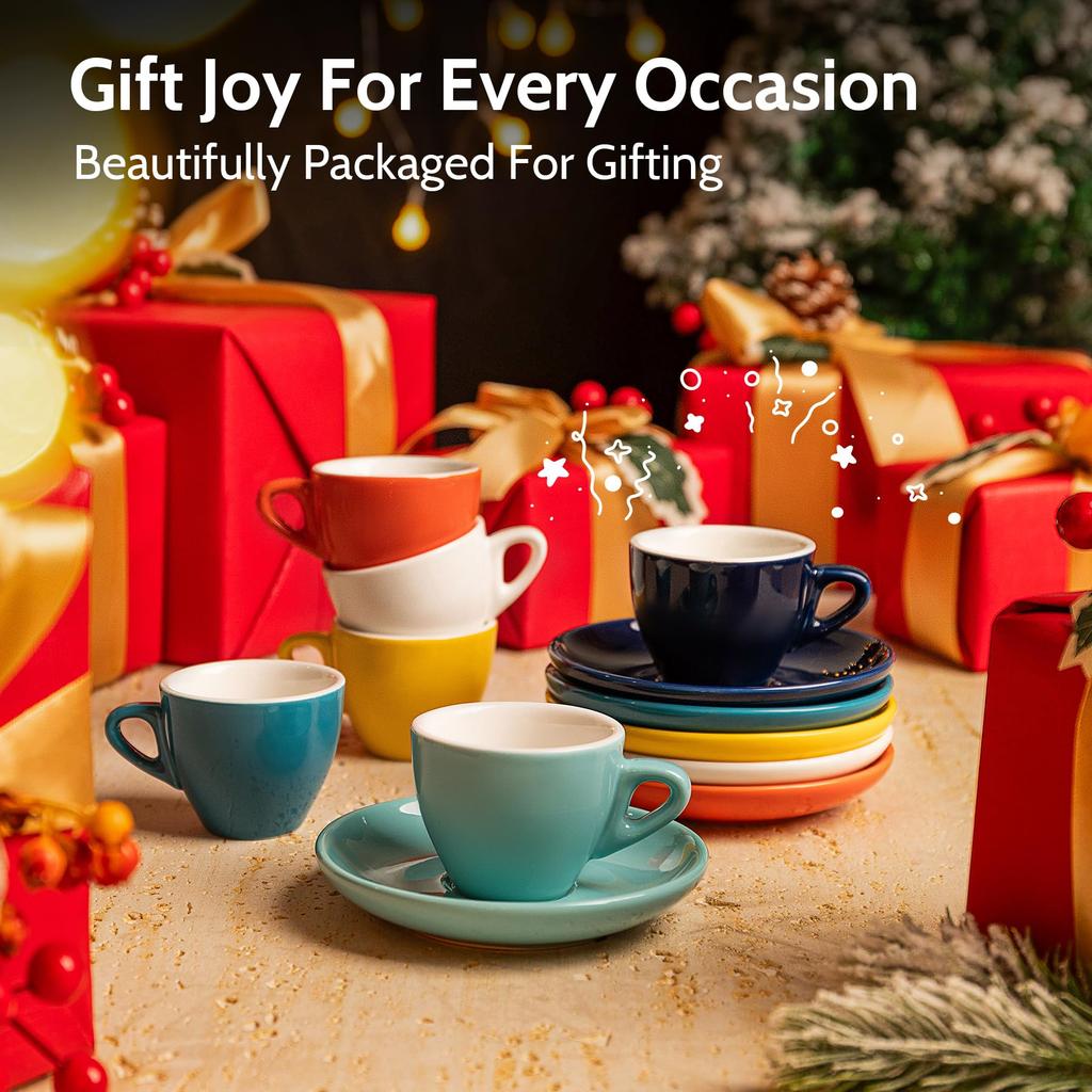 Căni Ceramice 75ML cu Farfurioare, 8 Culori, Căni Espresso Minimaliste, Perfecte pentru Aparat Espresso, Băuturi cu Cafea, Latte, Cafe Mocha, Ceai