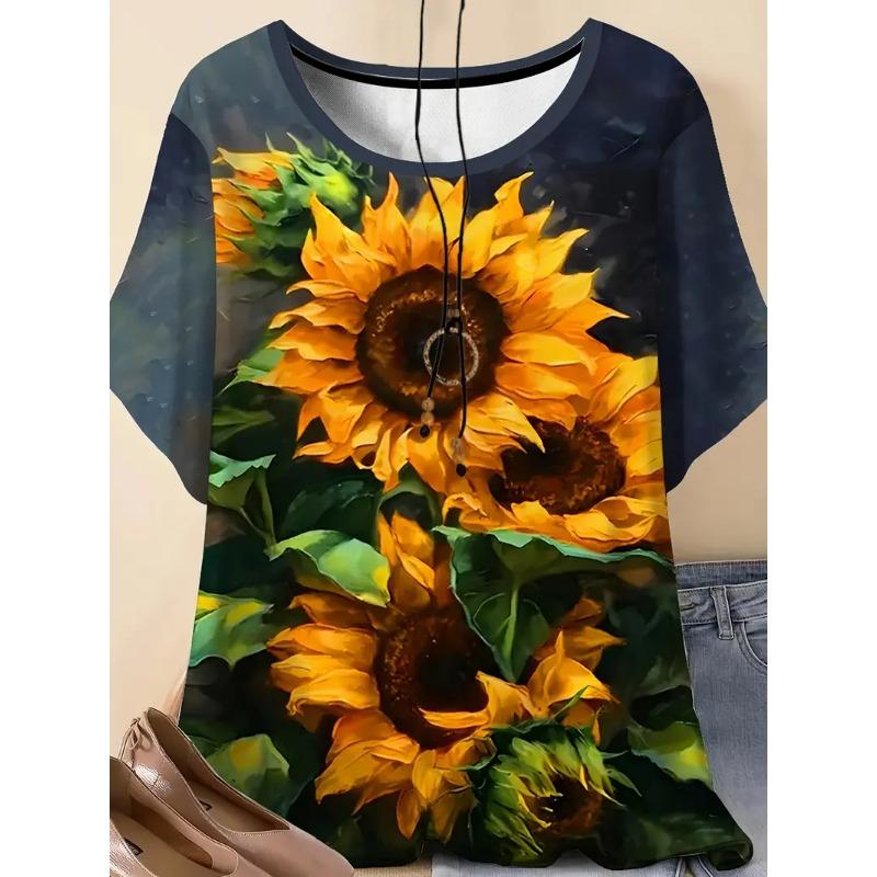 Plus Size Women's 3D Printed Sunflower Pattern T-shirt An Elegant Casual Crew Neck Short Sleeved Top