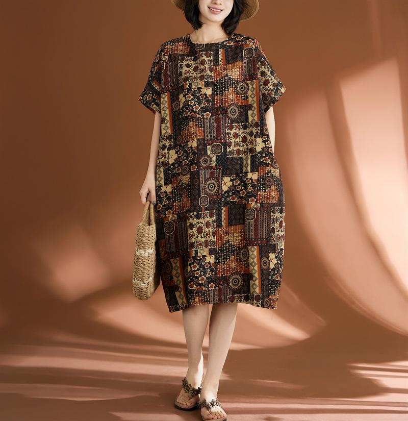 Real Shot 2026 Summer New Large Size Women's Clothing Fat MM Linen Cotton Linen Retro Literary Ethnic Style Casual Dress
